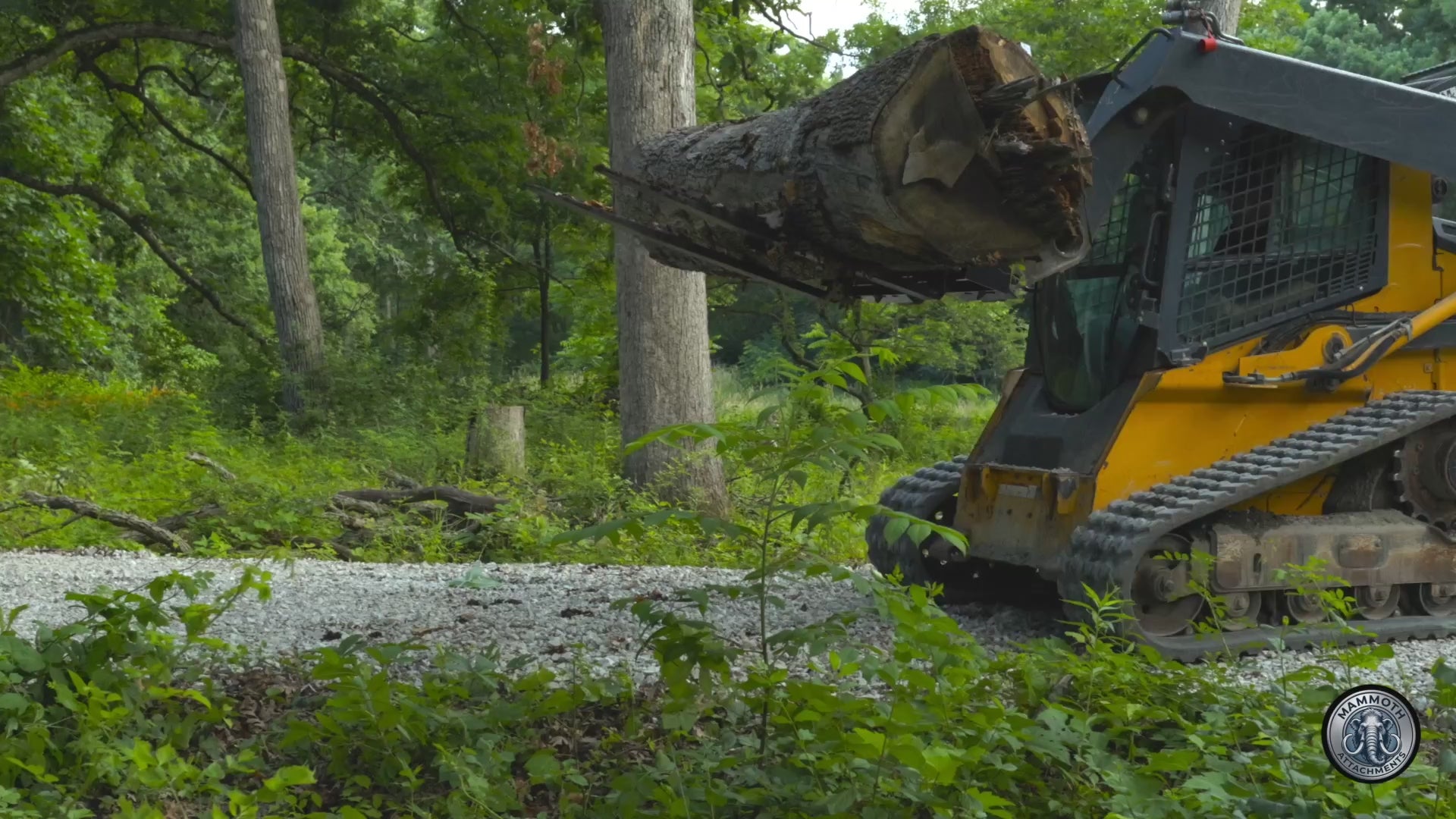 Mammoth 48 inch pallet forks lifting a log on a skid steer